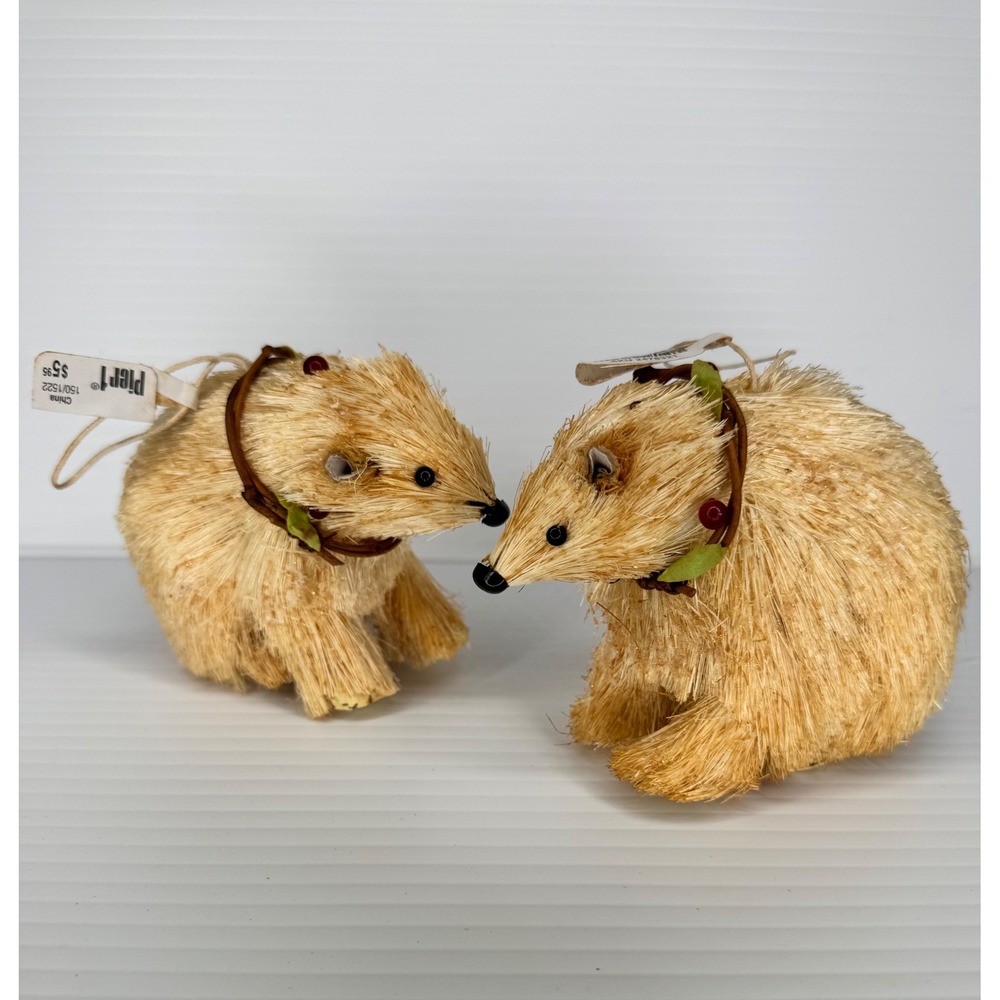 Pier 1 Imports Sisal Bristle Bear Christmas Ornaments Set of 2 Woodland Decor